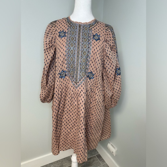 ANTHROPOLOGIE  Embroidered Cotton  Boho Mini Tunic Dress SZ 6 - Picture 3 of 17